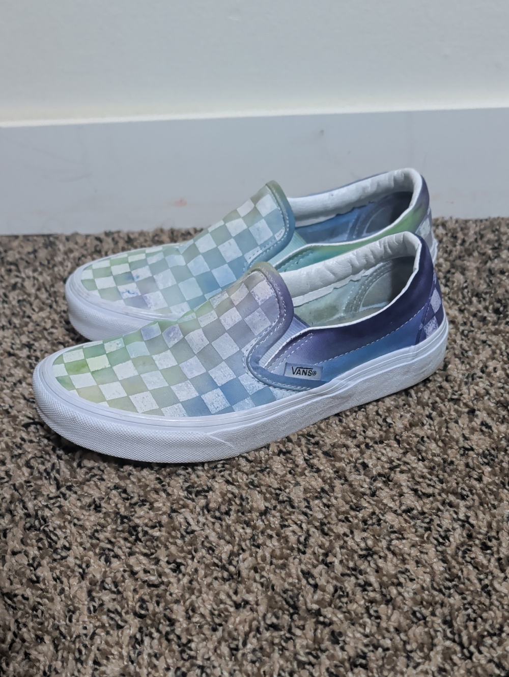 Vans Women's Slip-On Checkerboard Sneakers in Pastel Blue, Green & Purple